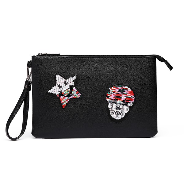 LT6822S-MISS LULU MISS LULU PU LEATHER SEQUIN SKULL CLUTCH BAG BLACK